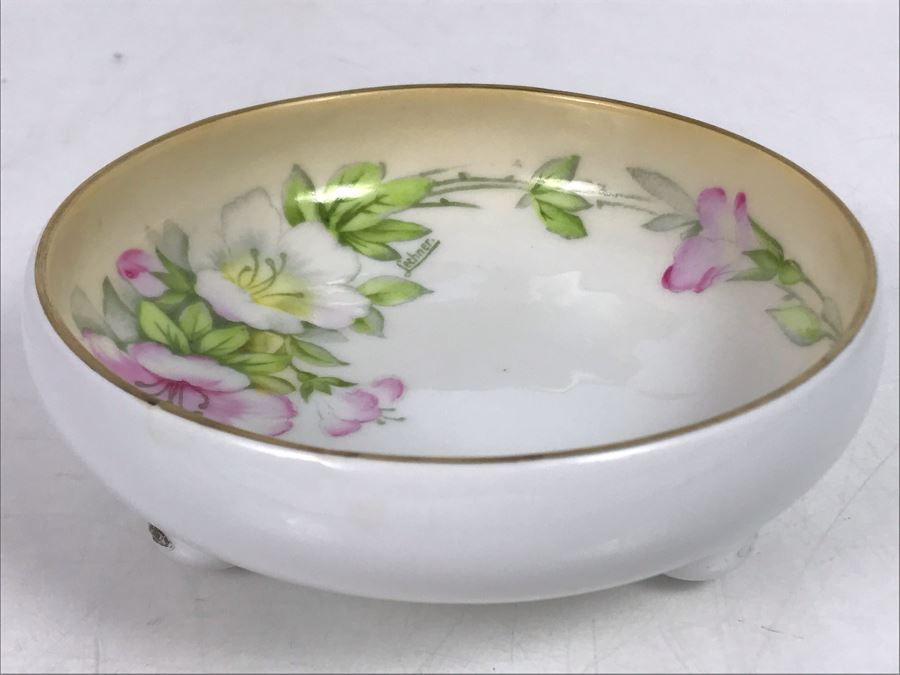 Studio Hand Painted Footed China Gold Rim Bowl P.T. Bavaria Signed Lechner 5W