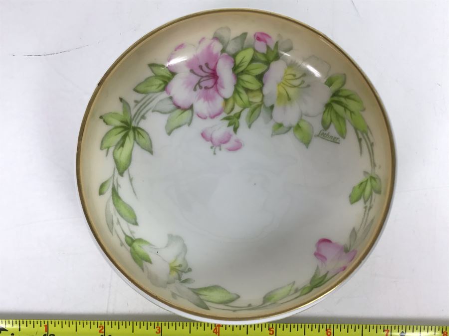 Studio Hand Painted Footed China Gold Rim Bowl P.T. Bavaria Signed Lechner 5W [Photo 3]