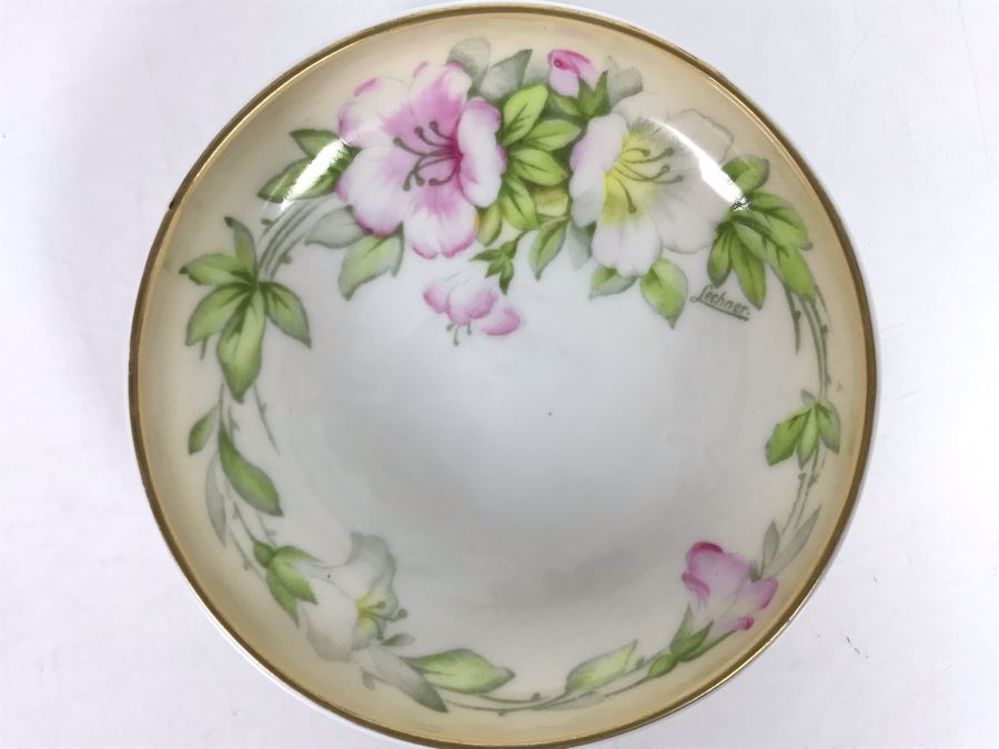 Studio Hand Painted Footed China Gold Rim Bowl P.T. Bavaria Signed Lechner 5W [Photo 5]