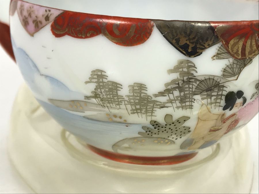 Vintage Signed Japanese Porcelain Kutani Handpainted Bone China Cup And Saucer With Display Stand [Photo 7]