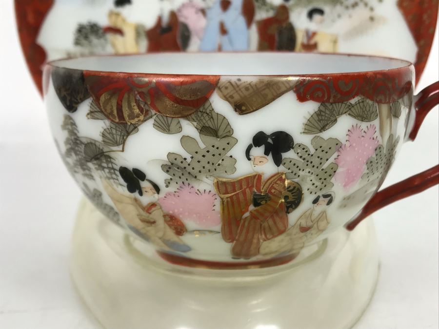 Vintage Signed Japanese Porcelain Kutani Handpainted Bone China Cup And Saucer With Display Stand [Photo 2]