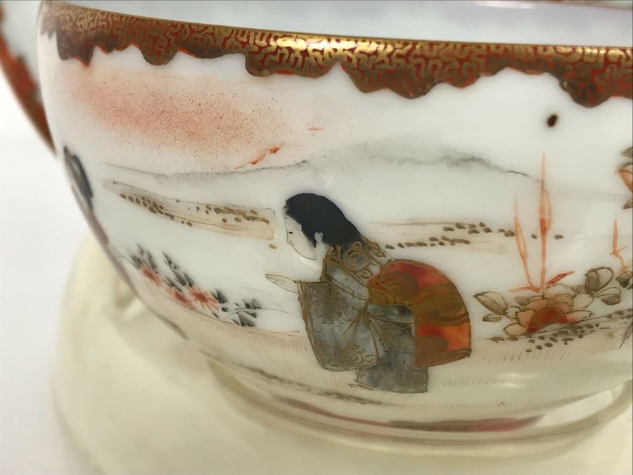 Vintage Signed Japanese Porcelain Kutani Handpainted Bone China Cup And Saucer With Display Stand [Photo 9]