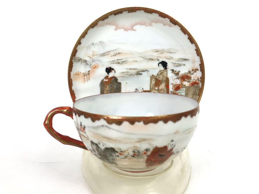 Vintage Signed Japanese Porcelain Kutani Handpainted Bone China Cup And Saucer With Display Stand [Photo 4]