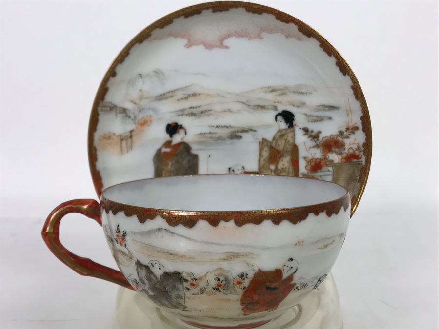 Vintage Signed Japanese Porcelain Kutani Handpainted Bone China Cup And Saucer With Display Stand [Photo 2]