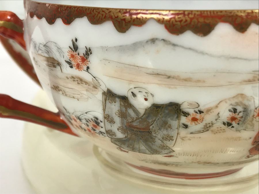 Vintage Signed Japanese Porcelain Kutani Handpainted Bone China Cup And Saucer With Display Stand [Photo 6]