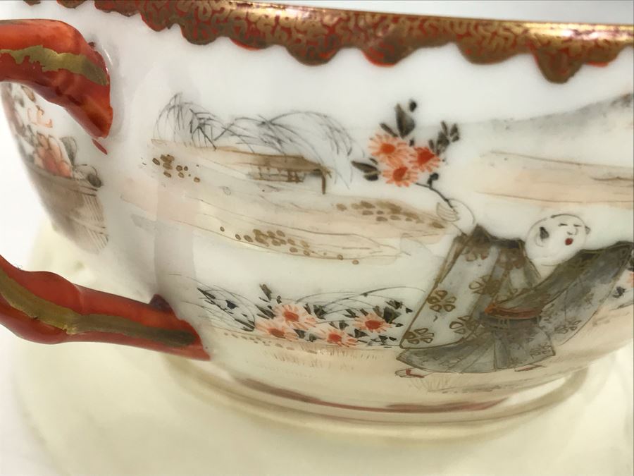Vintage Signed Japanese Porcelain Kutani Handpainted Bone China Cup And Saucer With Display Stand [Photo 7]