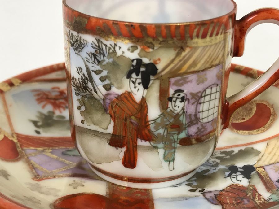 Vintage Signed Japanese Porcelain Kutani Handpainted Demitasse Cup And Saucer 4R [Photo 3]