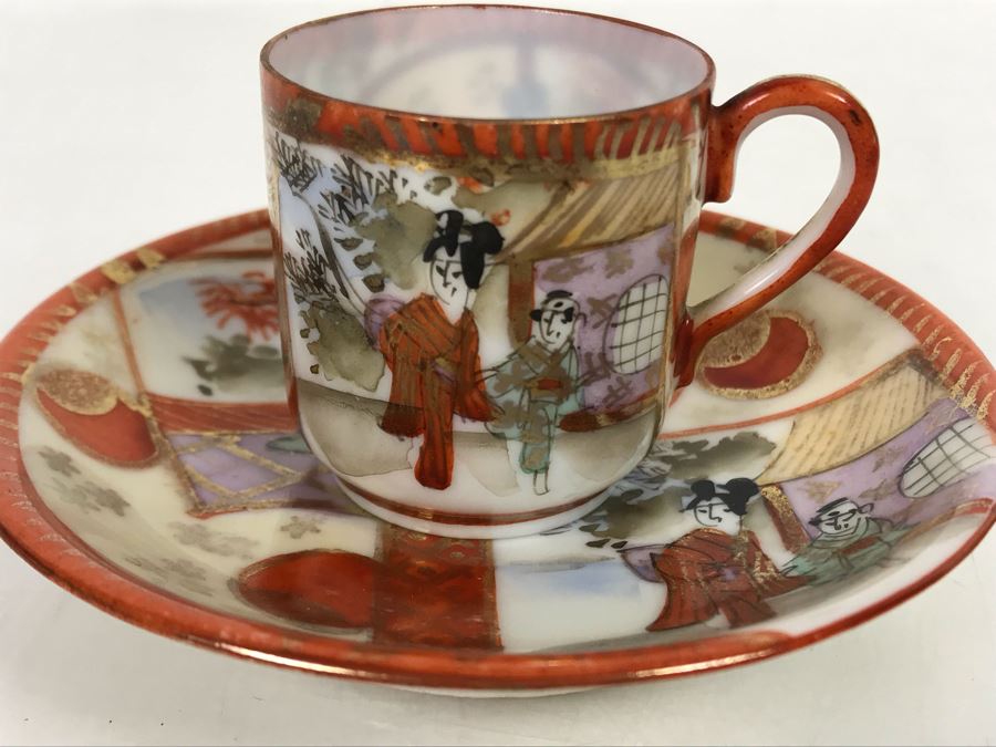 Vintage Signed Japanese Porcelain Kutani Handpainted Demitasse Cup And Saucer 4R [Photo 1]