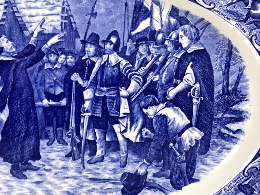 Crown Ducal England Blue & White Platter Colonial Times The First Sermon Ashore - Plymouth 1621 12.5W X 9.5H [Photo 7]
