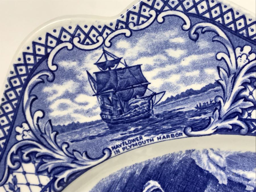 Crown Ducal England Blue & White Platter Colonial Times The First Sermon Ashore - Plymouth 1621 12.5W X 9.5H [Photo 9]