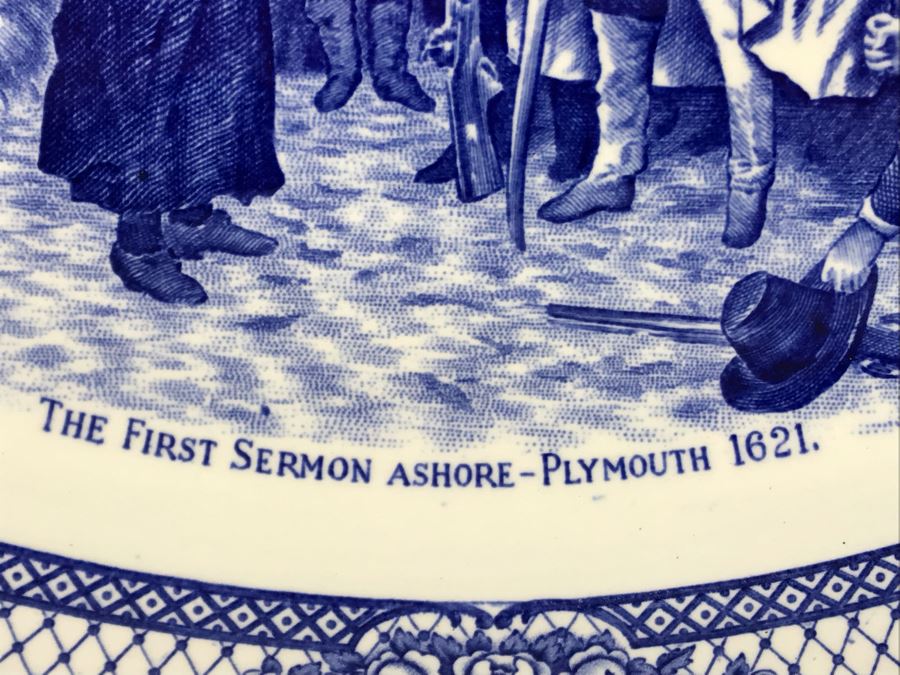 Crown Ducal England Blue & White Platter Colonial Times The First Sermon Ashore - Plymouth 1621 12.5W X 9.5H [Photo 4]