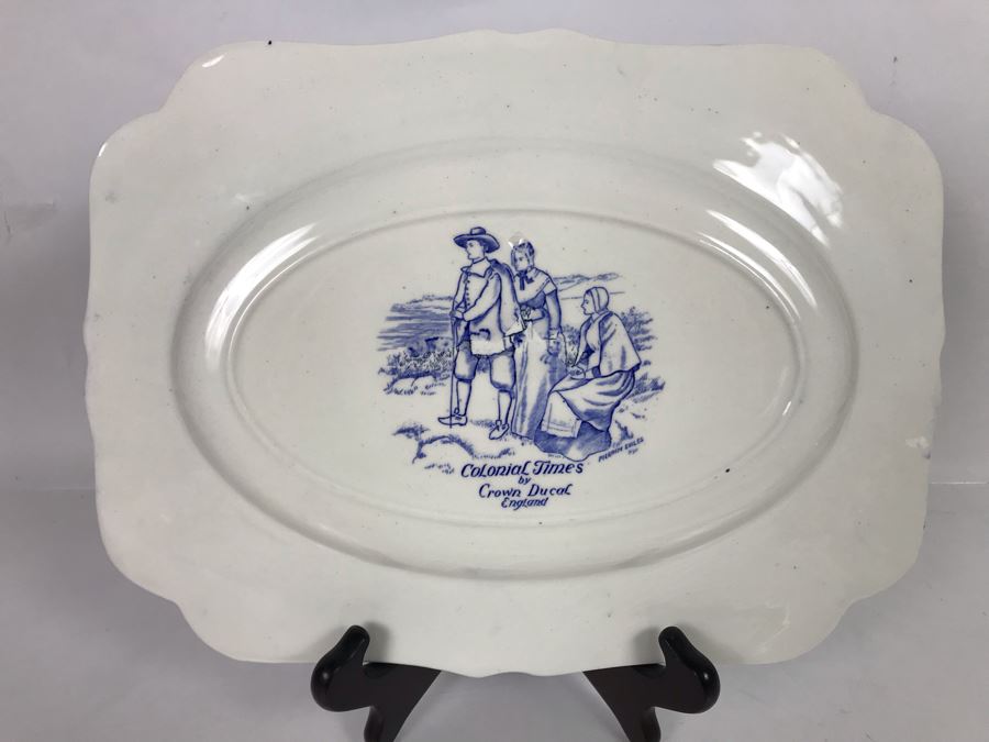 Crown Ducal England Blue & White Platter Colonial Times The First Sermon Ashore - Plymouth 1621 12.5W X 9.5H [Photo 13]