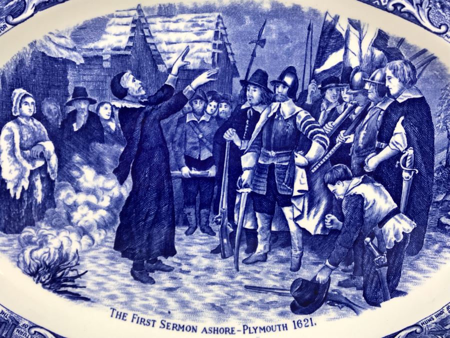 Crown Ducal England Blue & White Platter Colonial Times The First Sermon Ashore - Plymouth 1621 12.5W X 9.5H [Photo 3]