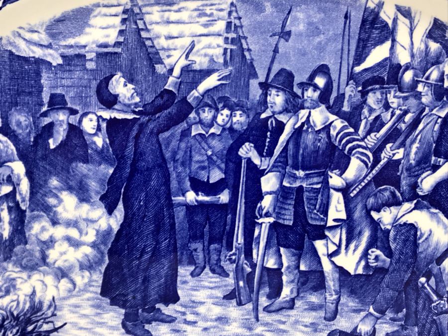 Crown Ducal England Blue & White Platter Colonial Times The First Sermon Ashore - Plymouth 1621 12.5W X 9.5H [Photo 6]