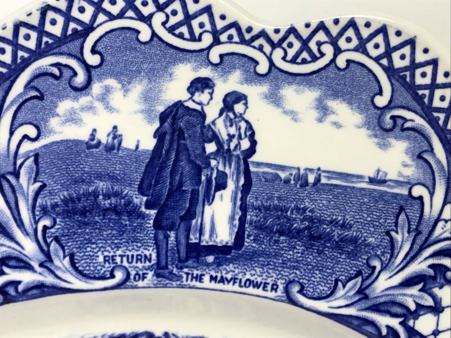 Crown Ducal England Blue & White Platter Colonial Times The First Sermon Ashore - Plymouth 1621 12.5W X 9.5H [Photo 12]