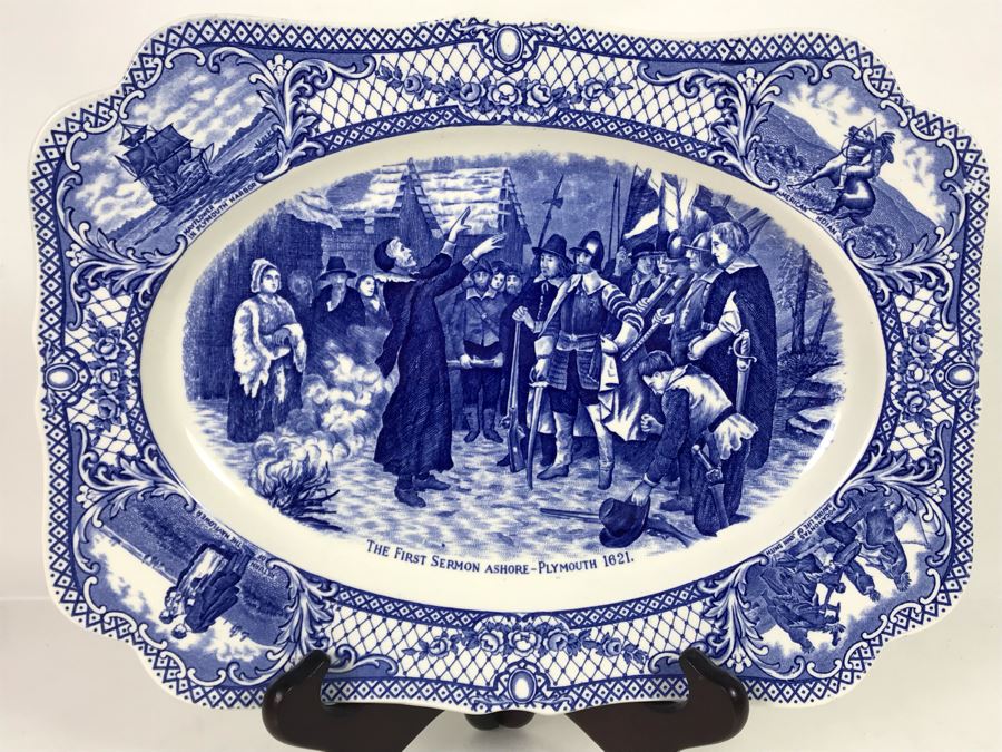 Crown Ducal England Blue & White Platter Colonial Times The First Sermon Ashore - Plymouth 1621 12.5W X 9.5H [Photo 1]