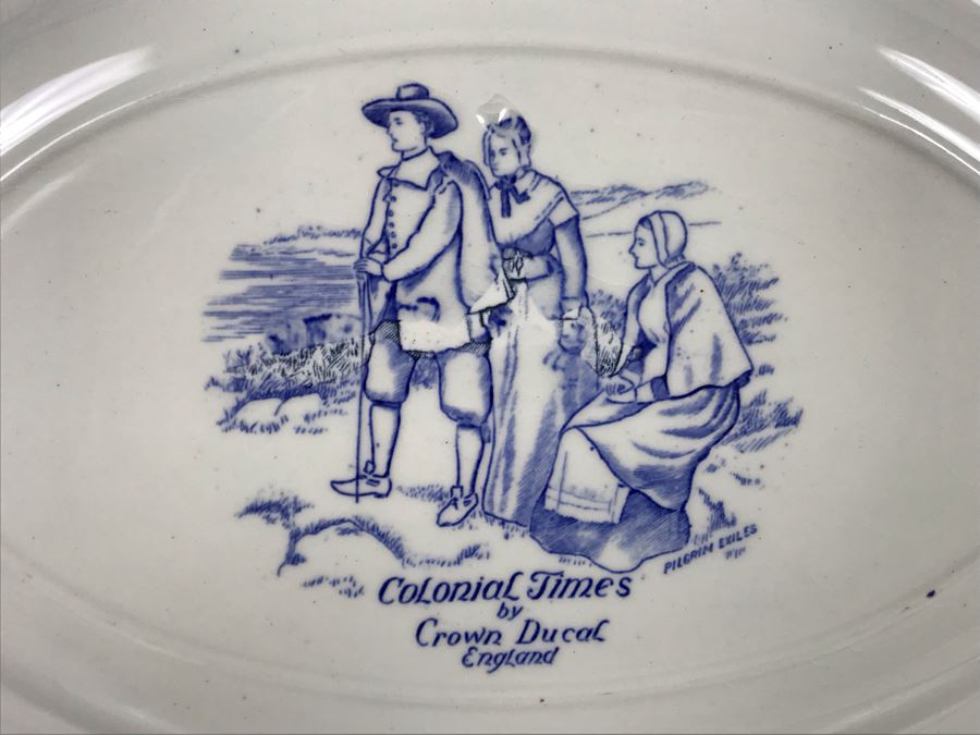 Crown Ducal England Blue & White Platter Colonial Times The First Sermon Ashore - Plymouth 1621 12.5W X 9.5H [Photo 14]