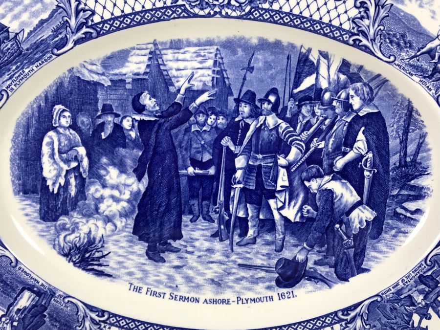 Crown Ducal England Blue & White Platter Colonial Times The First Sermon Ashore - Plymouth 1621 12.5W X 9.5H [Photo 2]