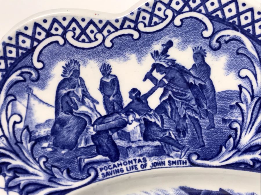 Crown Ducal England Blue & White Platter Colonial Times The First Sermon Ashore - Plymouth 1621 12.5W X 9.5H [Photo 11]