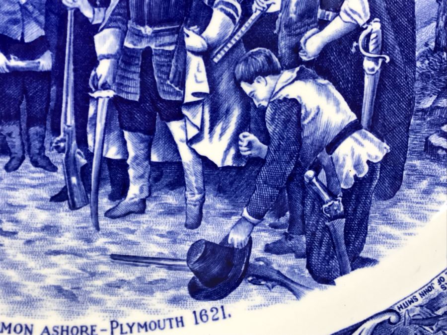Crown Ducal England Blue & White Platter Colonial Times The First Sermon Ashore - Plymouth 1621 12.5W X 9.5H [Photo 8]
