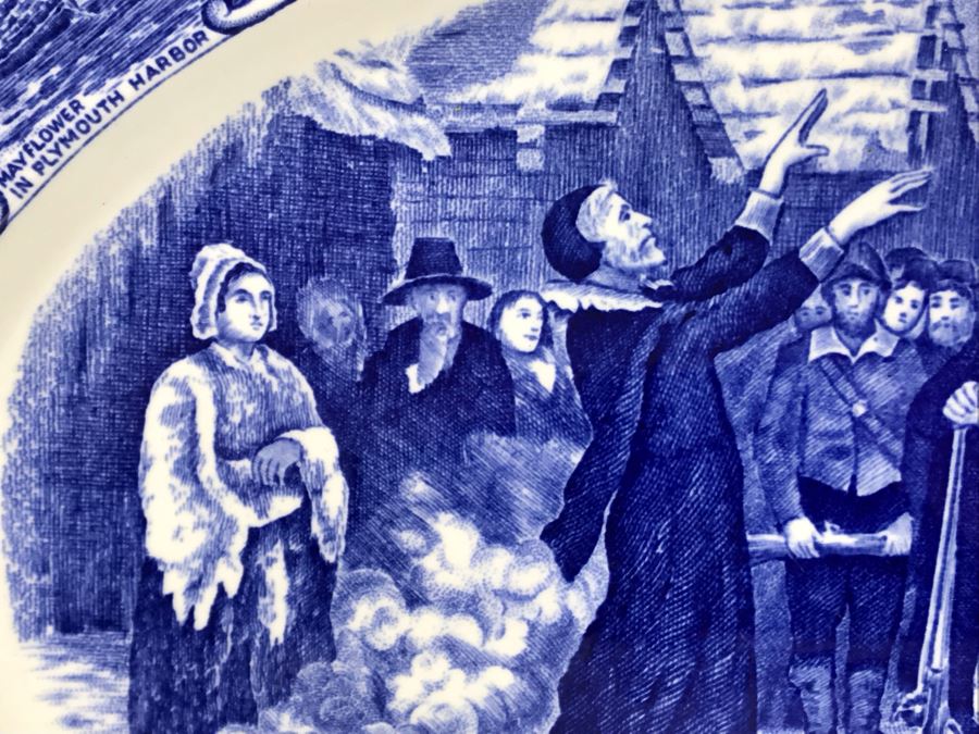 Crown Ducal England Blue & White Platter Colonial Times The First Sermon Ashore - Plymouth 1621 12.5W X 9.5H [Photo 5]