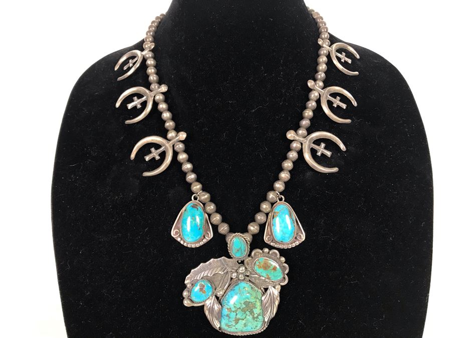Vintage Signed Native American Sterling Silver Turquoise Necklace Signed PT HG 113.4g