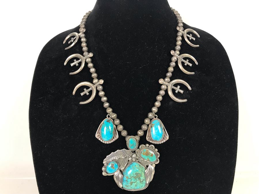 Vintage Signed Native American Sterling Silver Turquoise Necklace Signed PT HG 113.4g [Photo 3]