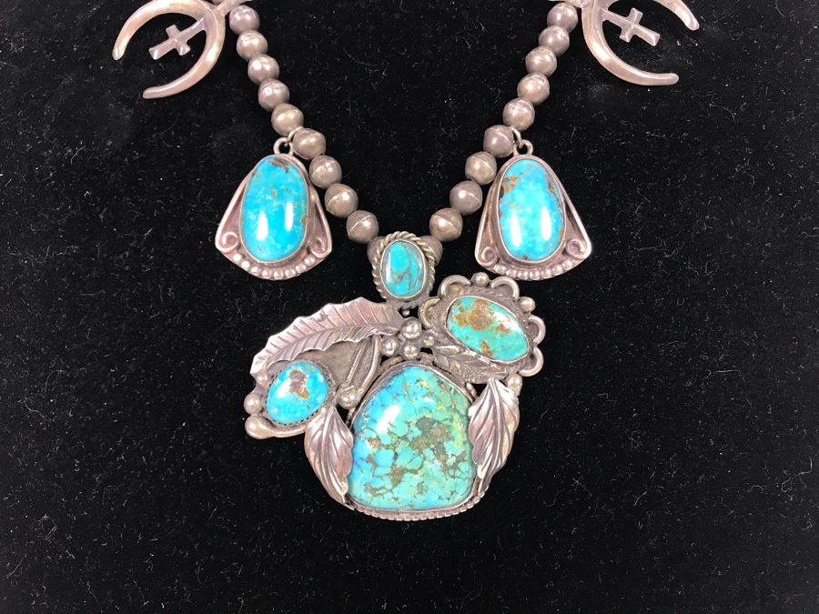 Vintage Signed Native American Sterling Silver Turquoise Necklace Signed PT HG 113.4g [Photo 5]