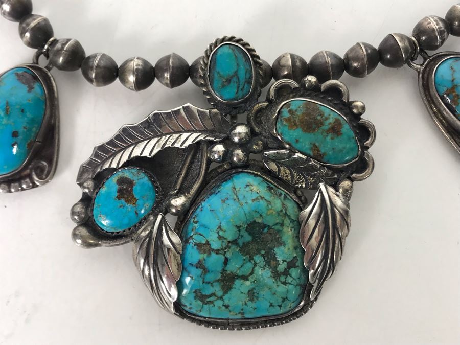 Vintage Signed Native American Sterling Silver Turquoise Necklace Signed PT HG 113.4g [Photo 15]