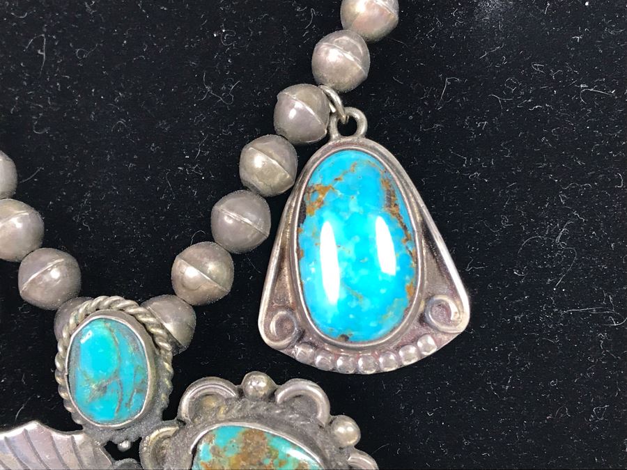 Vintage Signed Native American Sterling Silver Turquoise Necklace Signed PT HG 113.4g [Photo 11]