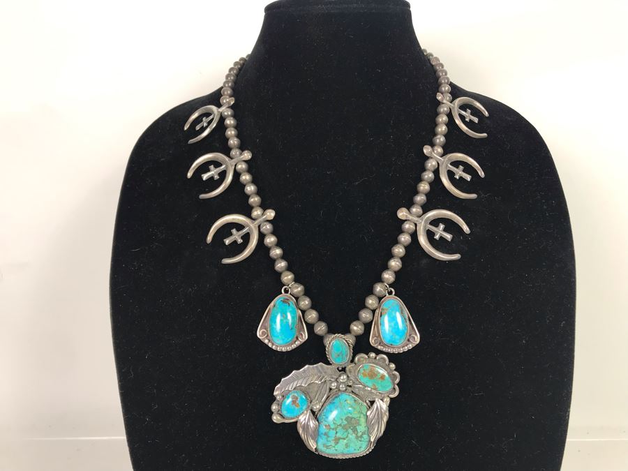 Vintage Signed Native American Sterling Silver Turquoise Necklace Signed PT HG 113.4g [Photo 4]
