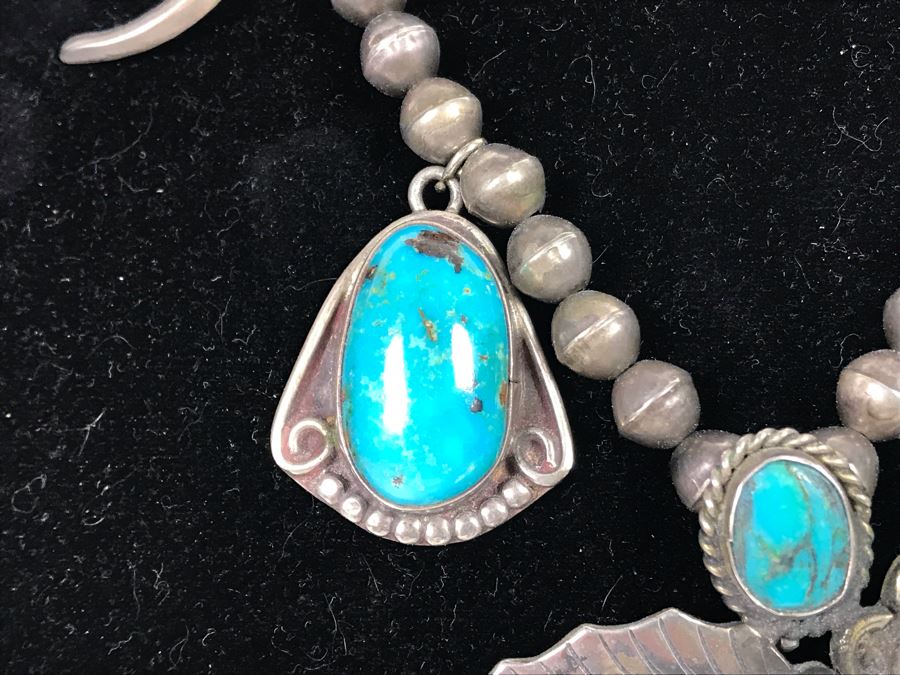 Vintage Signed Native American Sterling Silver Turquoise Necklace Signed PT HG 113.4g [Photo 10]