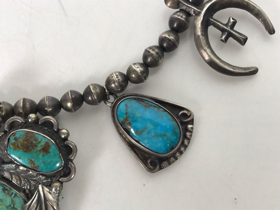 Vintage Signed Native American Sterling Silver Turquoise Necklace Signed PT HG 113.4g [Photo 17]