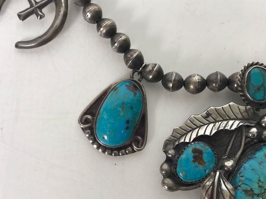 Vintage Signed Native American Sterling Silver Turquoise Necklace Signed PT HG 113.4g [Photo 16]
