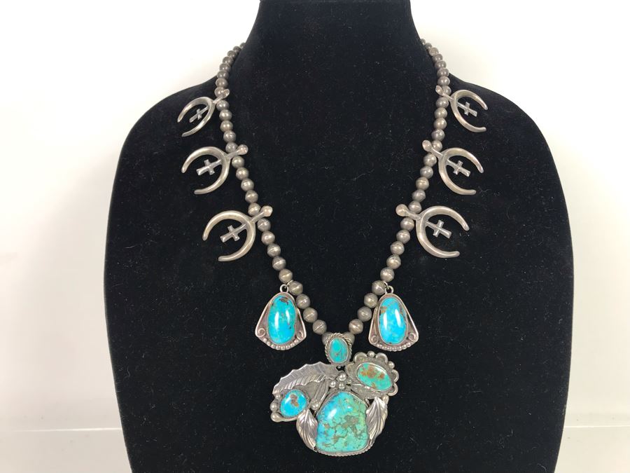 Vintage Signed Native American Sterling Silver Turquoise Necklace Signed PT HG 113.4g [Photo 2]