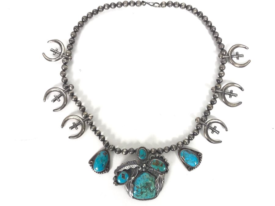 Vintage Signed Native American Sterling Silver Turquoise Necklace Signed PT HG 113.4g [Photo 14]