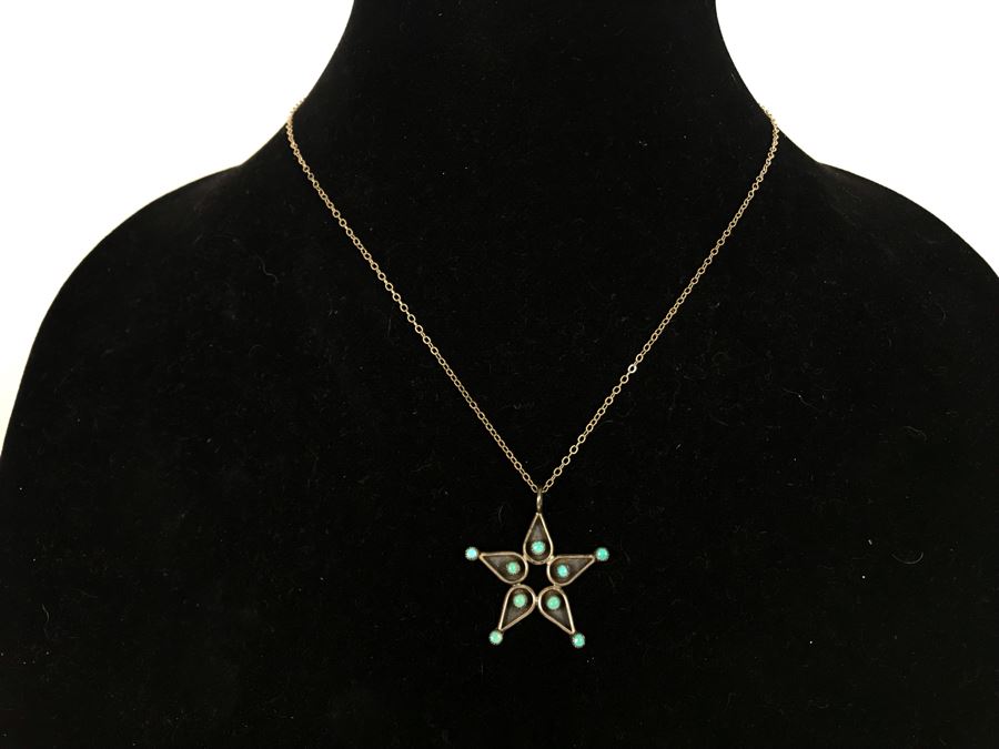 Sterling Silver Necklace With Sterling Silver Turquoise Star Pendant 4.1g
