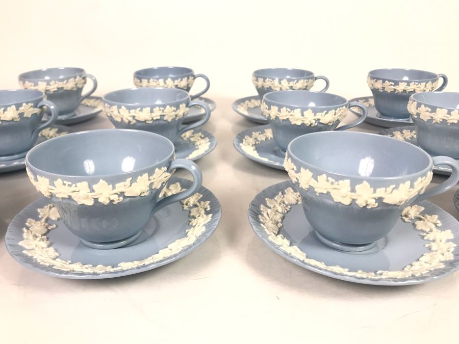 (13) Wedgwood Embossed Queen's Ware Cream Color Grapes On Lavender (Shell Edge) Footed Cup & Saucer Sets + (1) Lavender Color Grapes On White Footed Cup & Saucer Set - Replacements Value Over $500 [Photo 4]