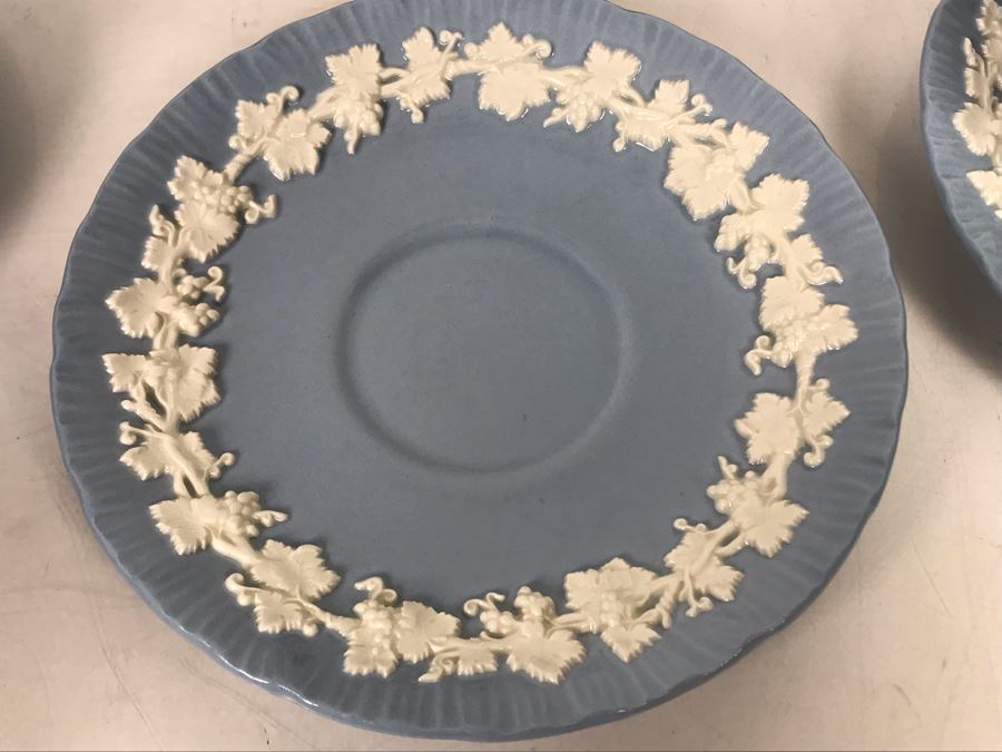 (13) Wedgwood Embossed Queen's Ware Cream Color Grapes On Lavender (Shell Edge) Footed Cup & Saucer Sets + (1) Lavender Color Grapes On White Footed Cup & Saucer Set - Replacements Value Over $500 [Photo 11]