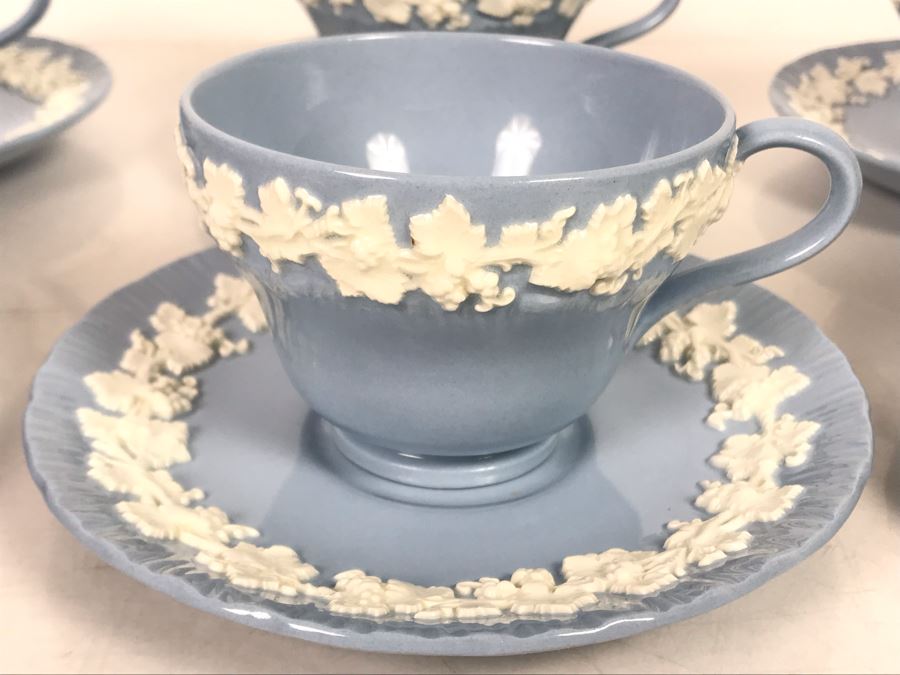 (13) Wedgwood Embossed Queen's Ware Cream Color Grapes On Lavender (Shell Edge) Footed Cup & Saucer Sets + (1) Lavender Color Grapes On White Footed Cup & Saucer Set - Replacements Value Over $500 [Photo 10]
