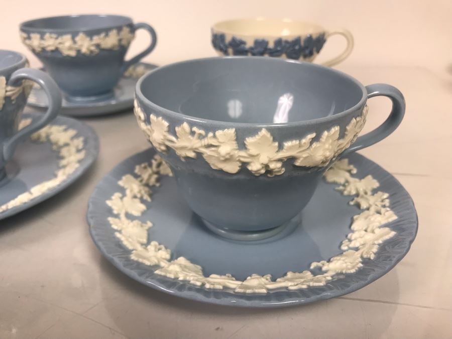 (13) Wedgwood Embossed Queen's Ware Cream Color Grapes On Lavender (Shell Edge) Footed Cup & Saucer Sets + (1) Lavender Color Grapes On White Footed Cup & Saucer Set - Replacements Value Over $500 [Photo 8]