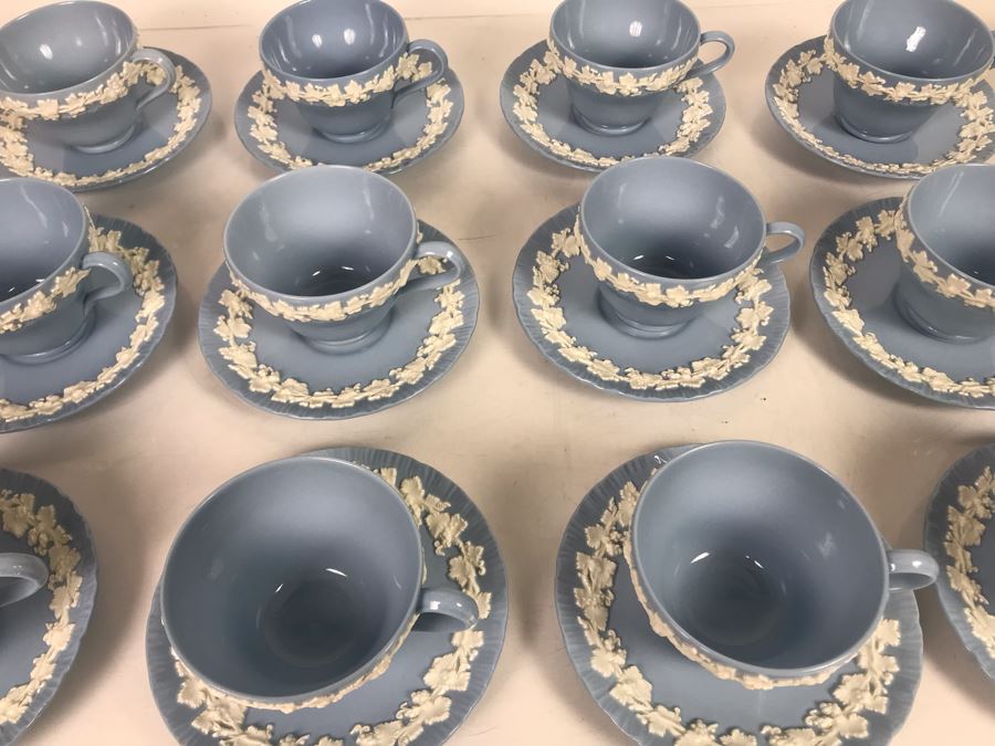 (13) Wedgwood Embossed Queen's Ware Cream Color Grapes On Lavender (Shell Edge) Footed Cup & Saucer Sets + (1) Lavender Color Grapes On White Footed Cup & Saucer Set - Replacements Value Over $500 [Photo 5]