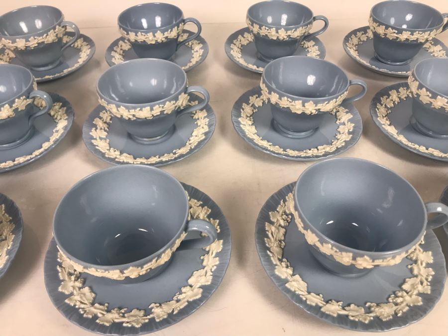 (13) Wedgwood Embossed Queen's Ware Cream Color Grapes On Lavender (Shell Edge) Footed Cup & Saucer Sets + (1) Lavender Color Grapes On White Footed Cup & Saucer Set - Replacements Value Over $500 [Photo 2]