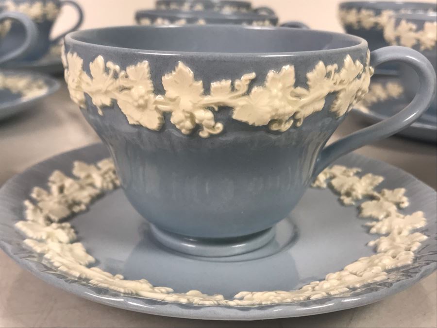 (13) Wedgwood Embossed Queen's Ware Cream Color Grapes On Lavender (Shell Edge) Footed Cup & Saucer Sets + (1) Lavender Color Grapes On White Footed Cup & Saucer Set - Replacements Value Over $500 [Photo 9]