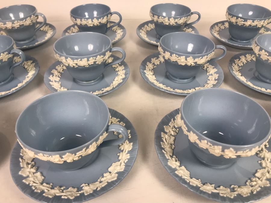 (13) Wedgwood Embossed Queen's Ware Cream Color Grapes On Lavender (Shell Edge) Footed Cup & Saucer Sets + (1) Lavender Color Grapes On White Footed Cup & Saucer Set - Replacements Value Over $500