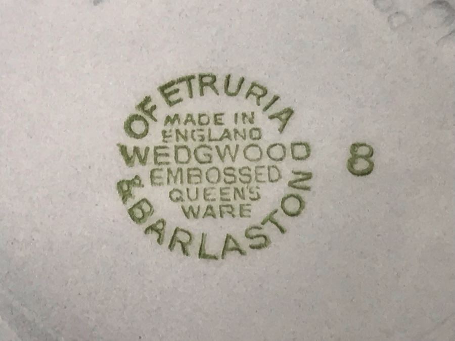 (13) Wedgwood Embossed Queen's Ware Cream Color Grapes On Lavender (Shell Edge) Footed Cup & Saucer Sets + (1) Lavender Color Grapes On White Footed Cup & Saucer Set - Replacements Value Over $500 [Photo 14]