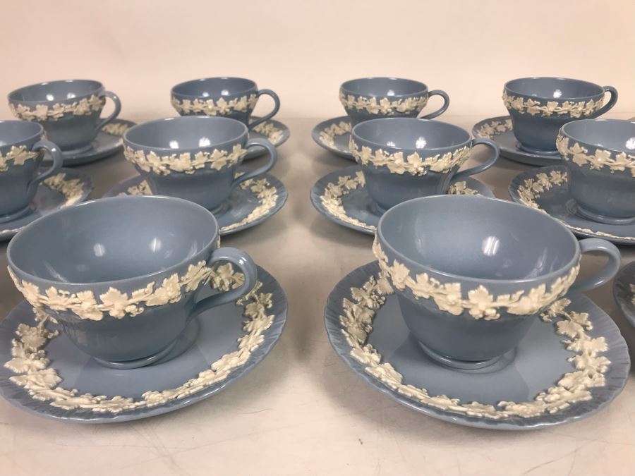 (13) Wedgwood Embossed Queen's Ware Cream Color Grapes On Lavender (Shell Edge) Footed Cup & Saucer Sets + (1) Lavender Color Grapes On White Footed Cup & Saucer Set - Replacements Value Over $500 [Photo 3]