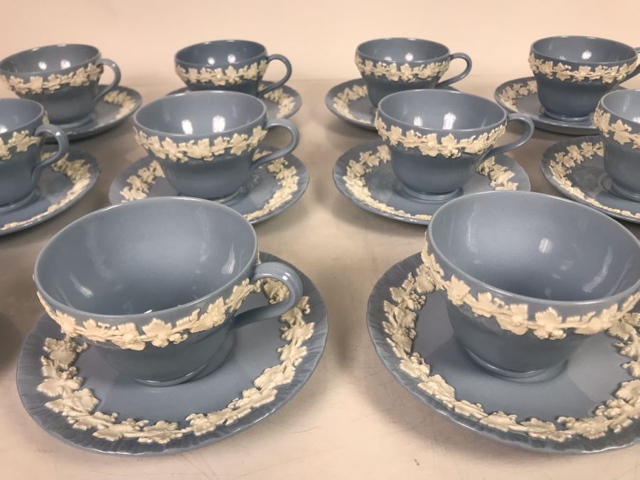 (13) Wedgwood Embossed Queen's Ware Cream Color Grapes On Lavender (Shell Edge) Footed Cup & Saucer Sets + (1) Lavender Color Grapes On White Footed Cup & Saucer Set - Replacements Value Over $500 [Photo 6]