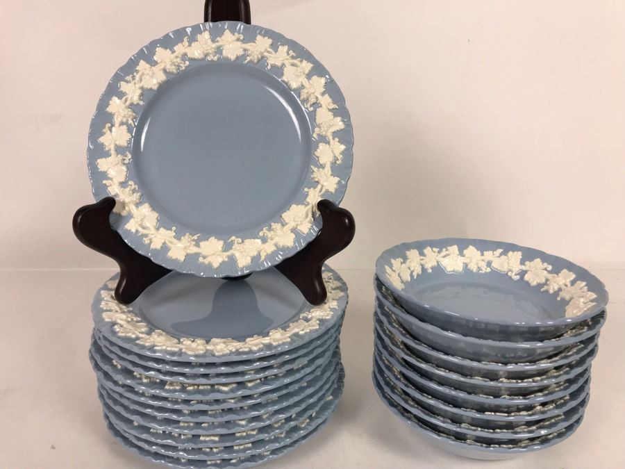 Wedgwood Embossed Queen's Ware Cream Color Grapes On Lavender (Shell Edge) (11) Bread & Butter Plates And (8) Fruit/Dessert (Sauce) Bowls Made In England - Replacements Value Over $280 [Photo 1]