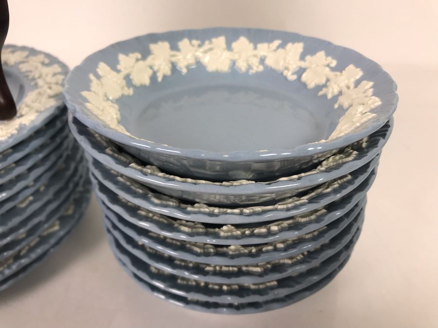 Wedgwood Embossed Queen's Ware Cream Color Grapes On Lavender (Shell Edge) (11) Bread & Butter Plates And (8) Fruit/Dessert (Sauce) Bowls Made In England - Replacements Value Over $280 [Photo 3]